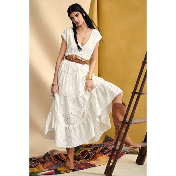 NWT ANTHROPOLOGIE TIERED EYELET MAXI DRESS IN IVORY
